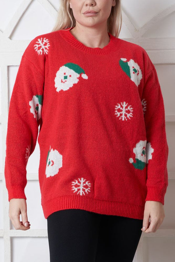 Santa Face Pattern Xmas Ribbed Jumper