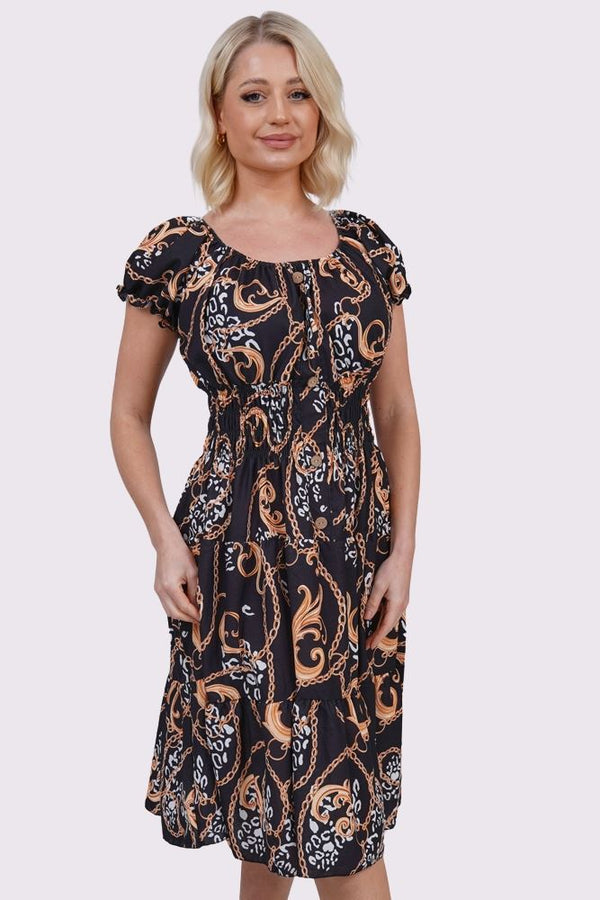 Baroque Chain Print Front Button Dress