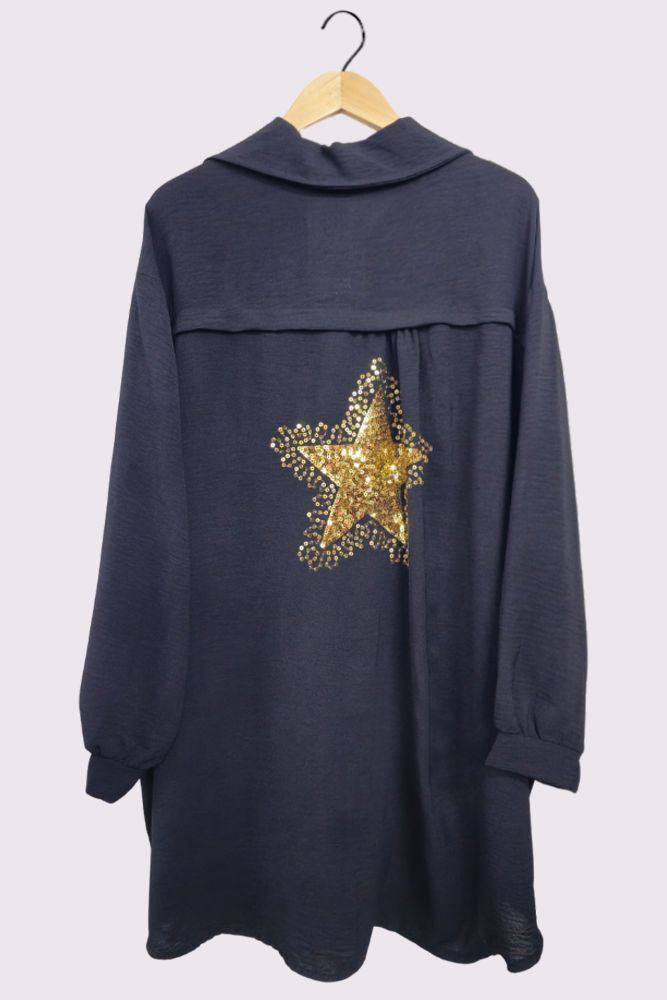 Sequin Star Back Button Closure Curved Hem Shirt