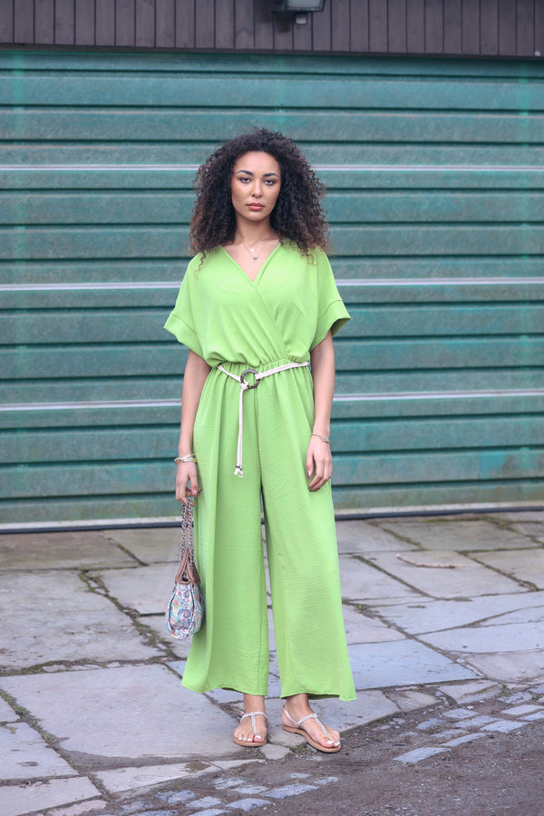 Plain Wrapover Belted Jumpsuit