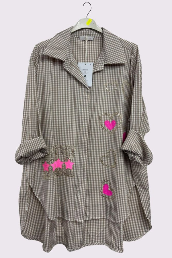 Check Print Sequin Rock Heart Cotton Shirt