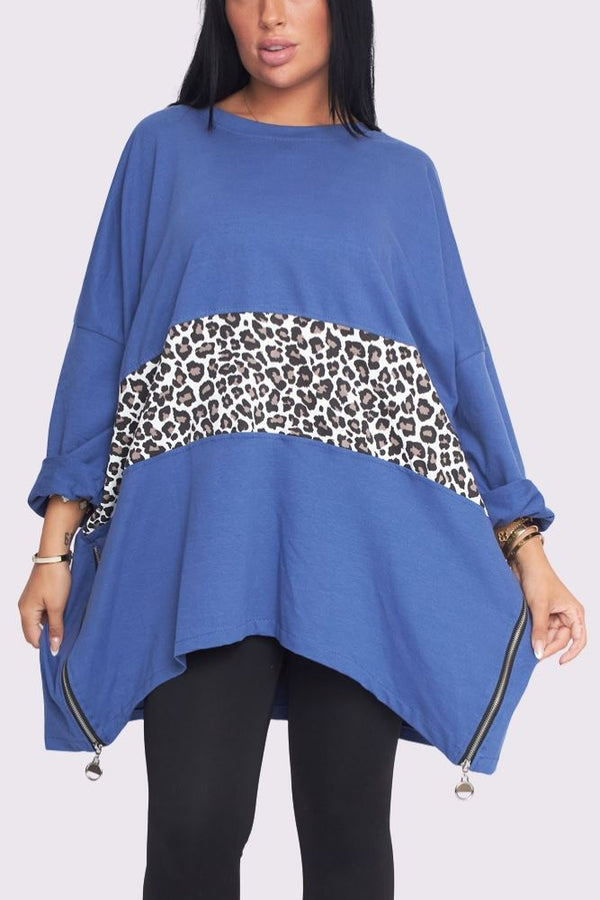 Leopard Print Panel Side-Zip Tunic Top