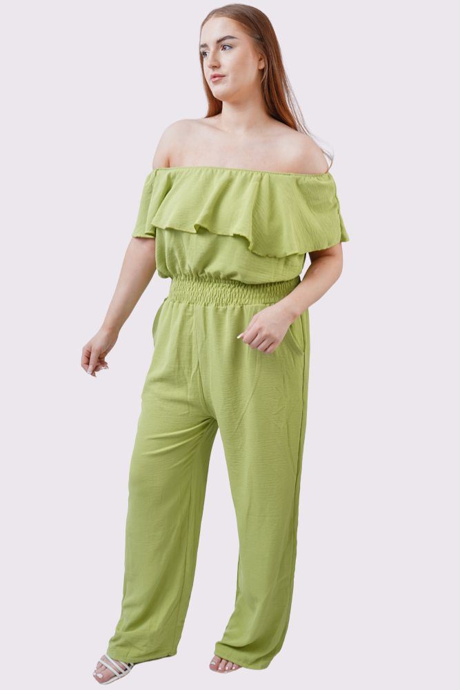 Plain Ruffle Trim Shirred Waist Jumpsuit