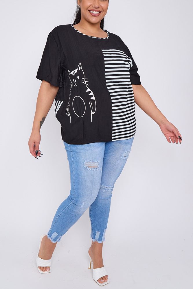 Stripe Colour Block Cat Print Cotton Top