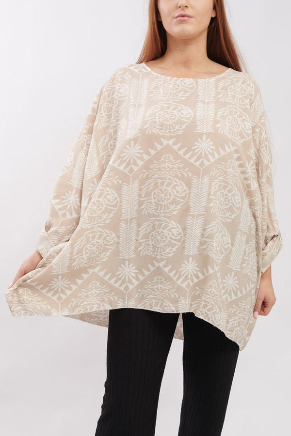 Abstract Aztec Print Dipped Hem Top