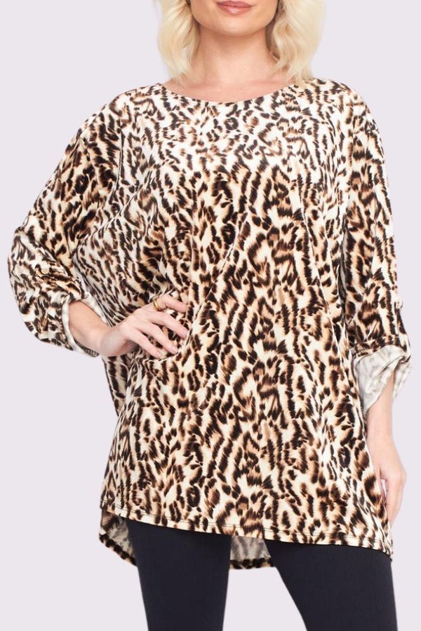 Animal Print Button Up Sleeve Dip Hem Top