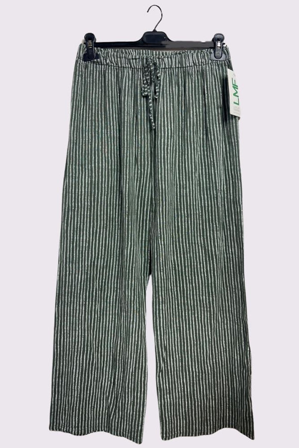 Stripe Print Elasticated Waistband Wide Leg Cotton Trousers