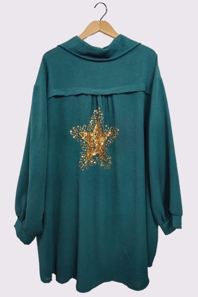 Sequin Star Back Button Closure Curved Hem Shirt