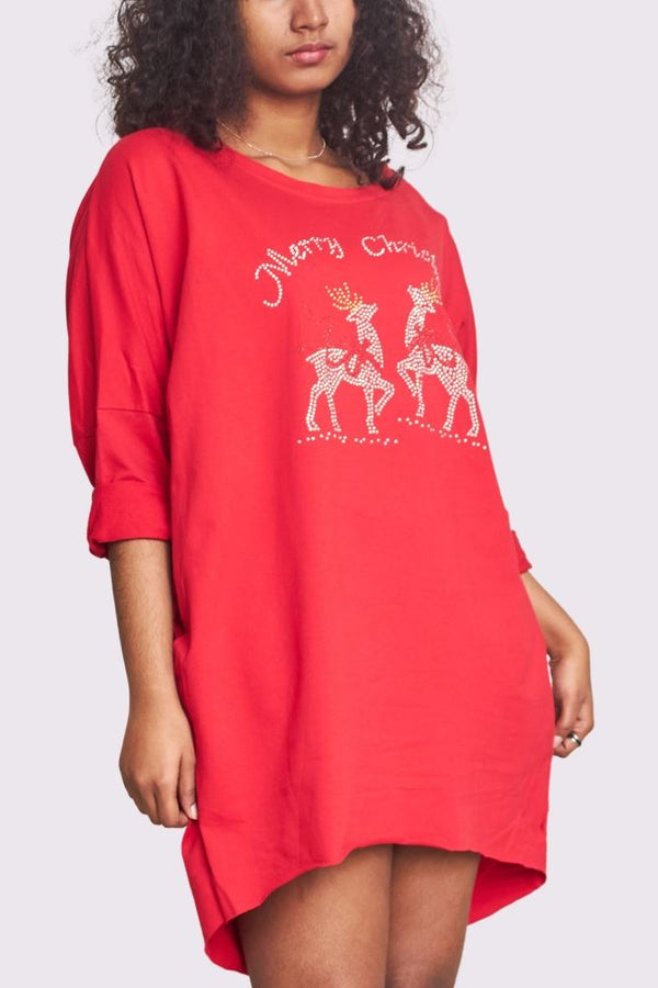 Merry Christmas Rhinestone Deer Detail Oversized Side Pockets DipHem Cotton Top