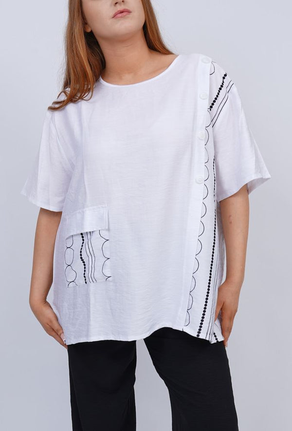 Abstract Stripe Print Side Button Detail Top