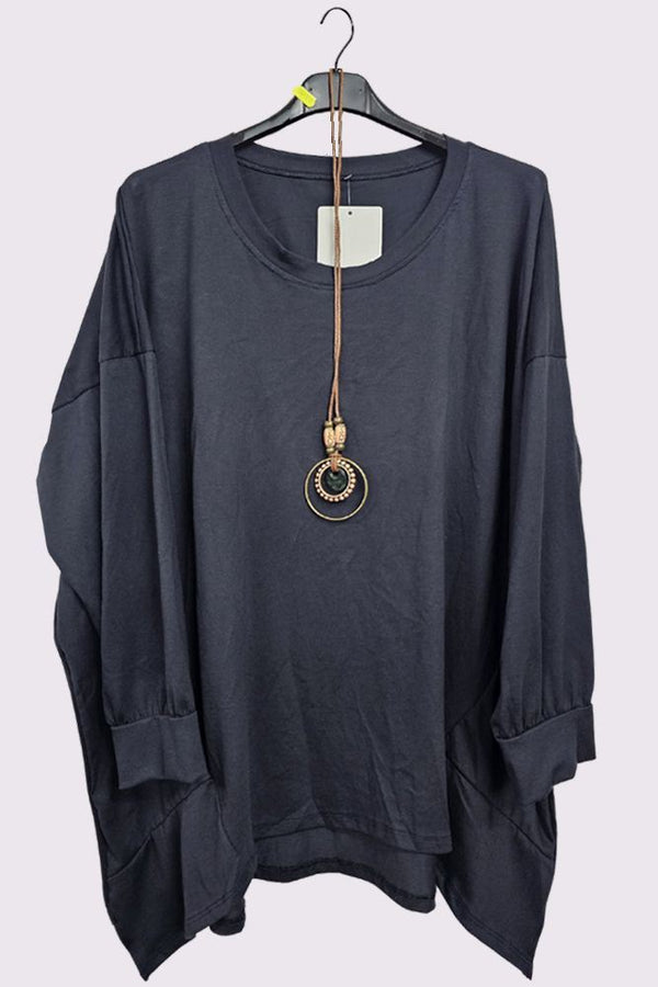 Asymmetric Hem Side Panel Necklace Cotton Top