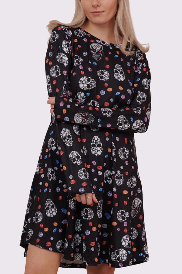 Bejeweled Skull And Diamonds Print Halloween Dress