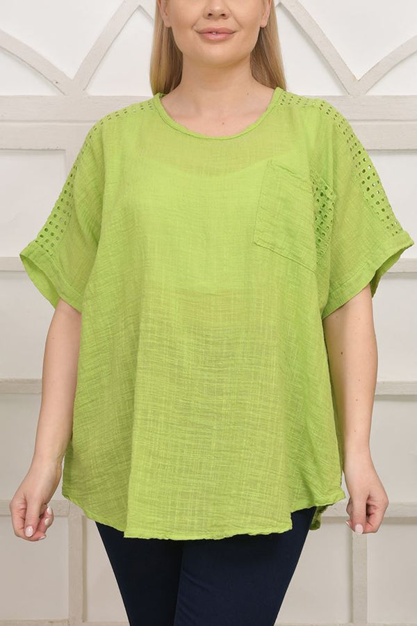 Shoulder Embroidered cutwork Cotton Dipped Hem Top