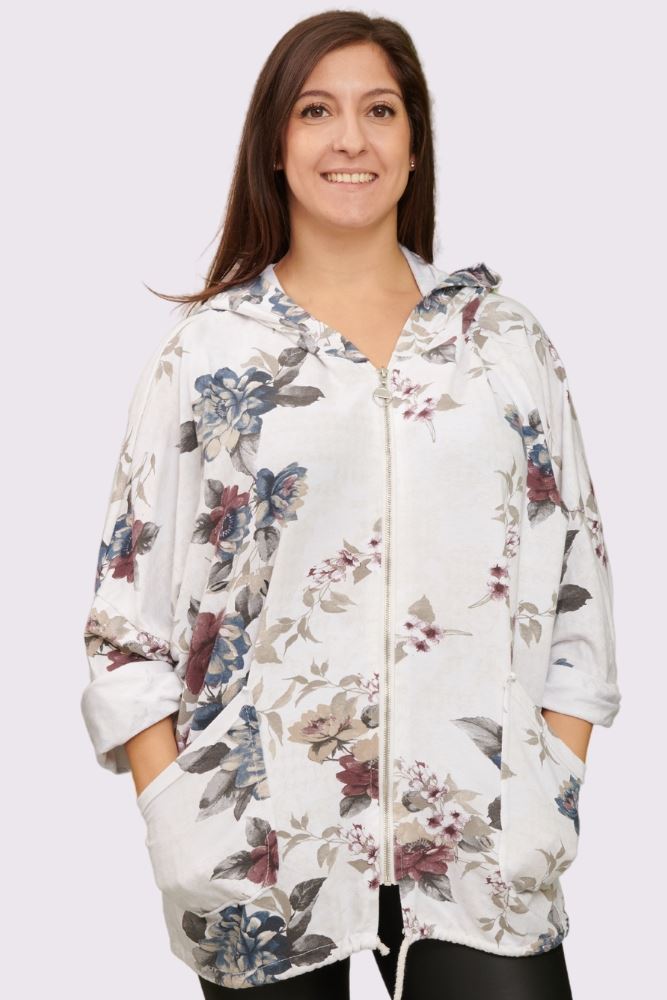 Floral Print Drawstring Hem Zip Up Cotton Hoody