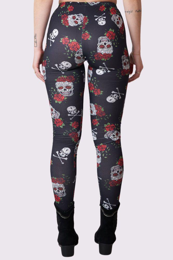 Rose Skull And Bones Print Halloween Leggings