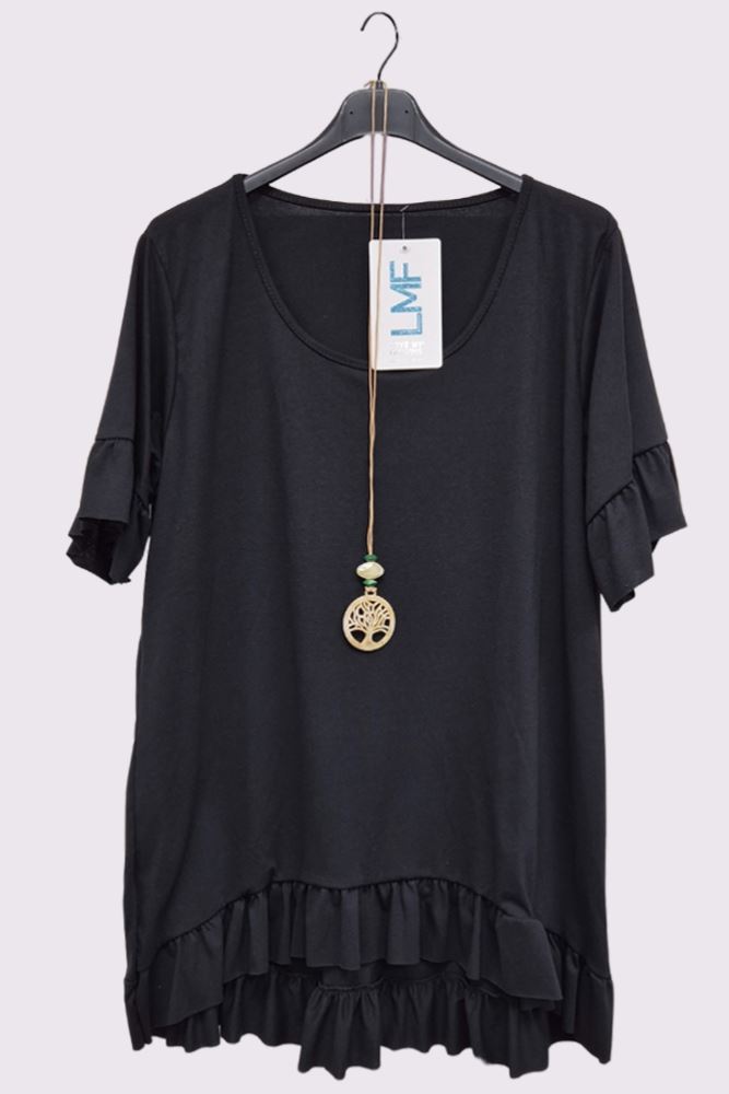 Plain Ruffle Hem Necklace Cotton Top