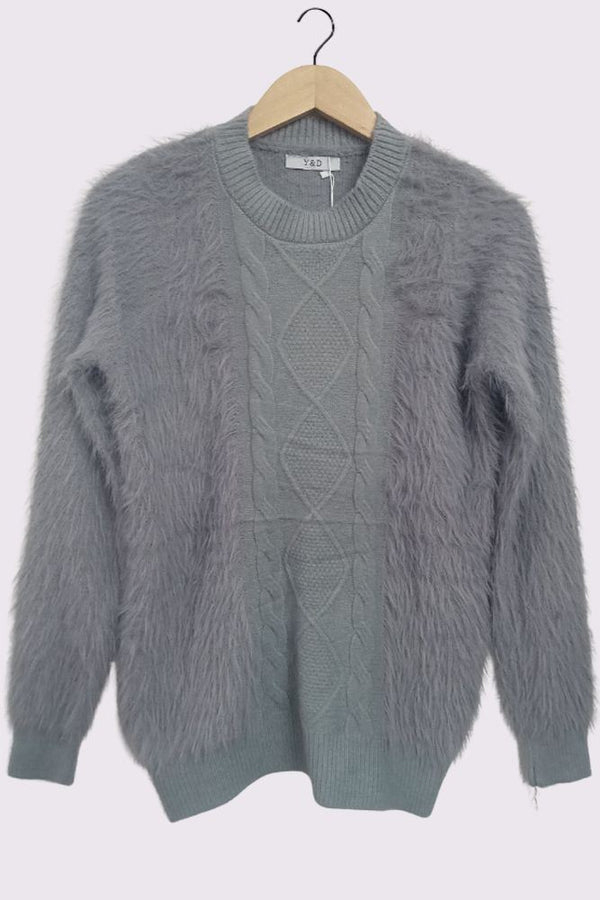 Cable Knit Pattern Faux Fur Sleeve Jumper