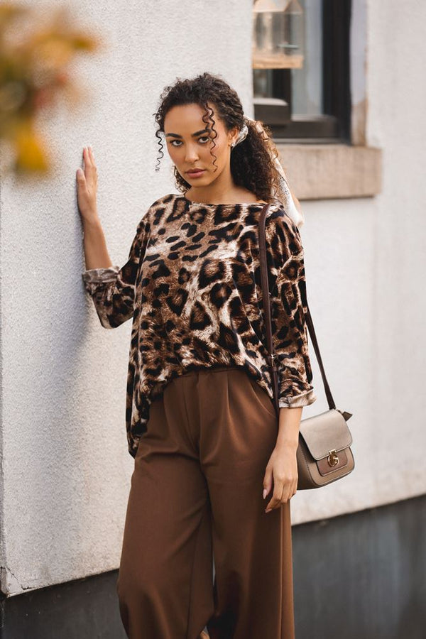 Animal Print Button Up Sleeve Dip Hem Top