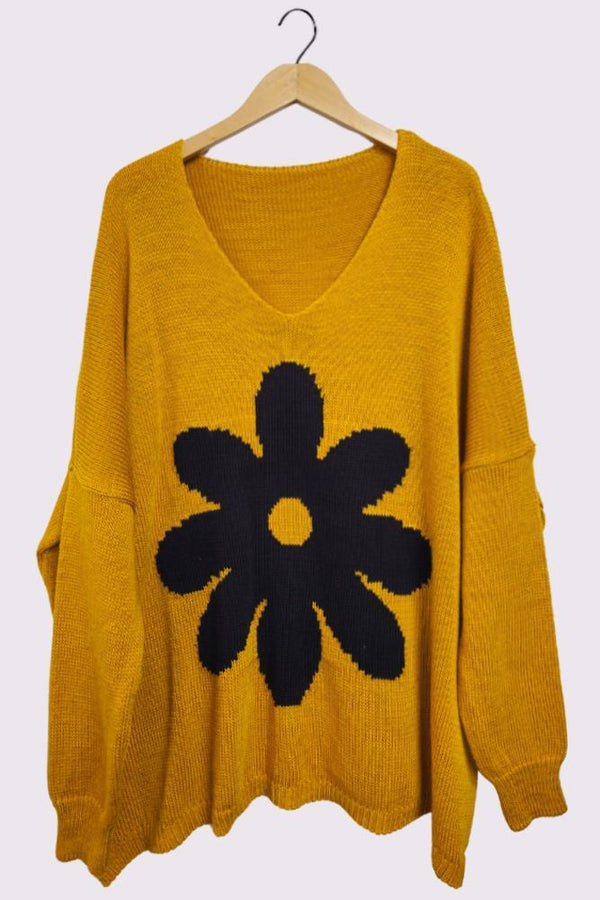 Large Flower Design Knitted Oversized Jumper