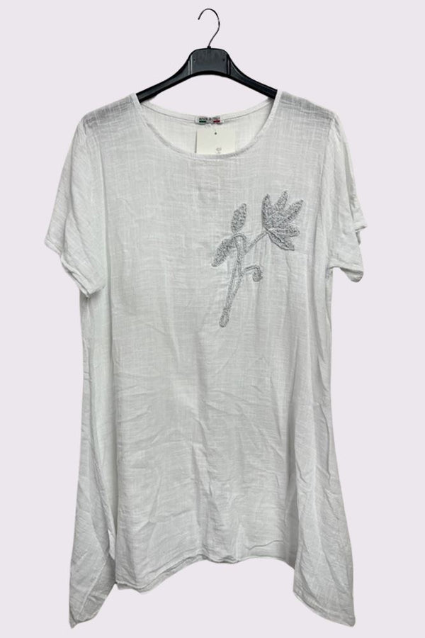 Embroidered Flower Side Slits Oversized Cotton Top