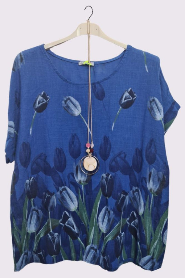 Tulip Flower Print Oversized Cotton Top