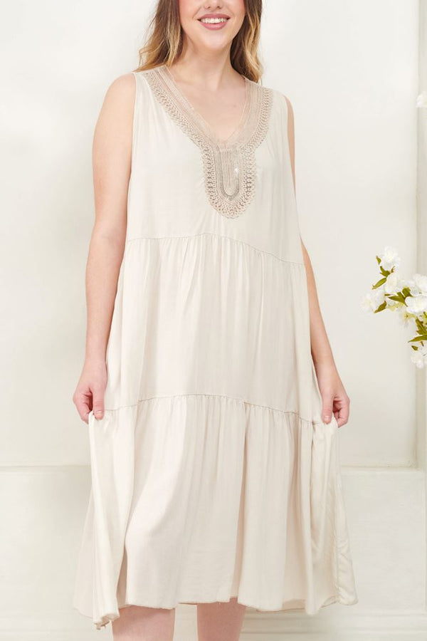 Plain Sequin Neckline Viscose Dress