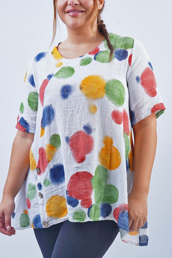 Polka Dot Print Side Button Detail Cotton Top