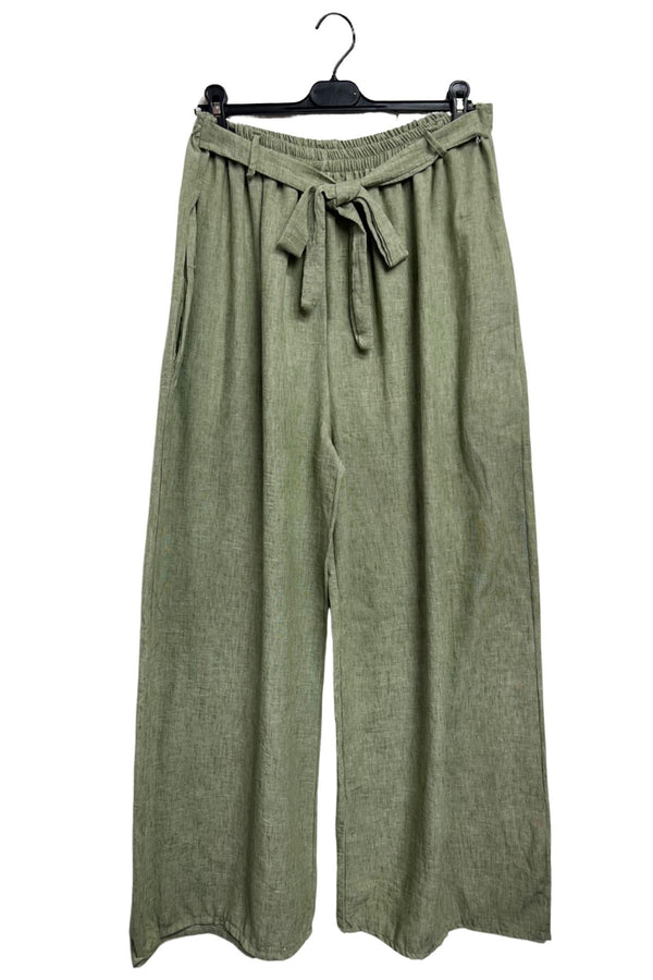 Plain Belted Waistband Wide Legs Trousers