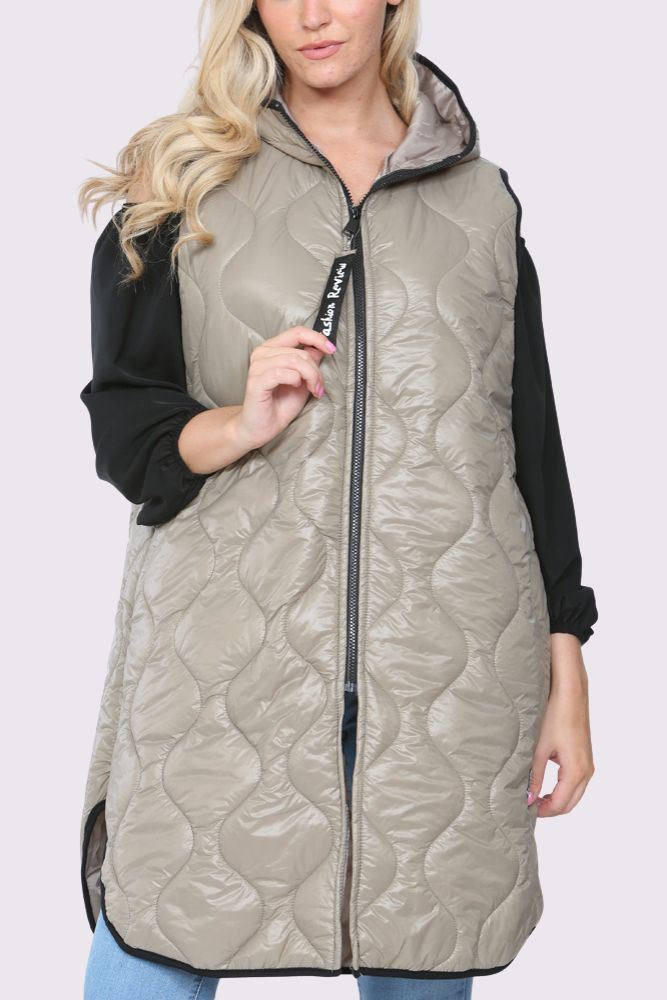 Plain Quilted Long Logo Zip Hood Gilet Jacket