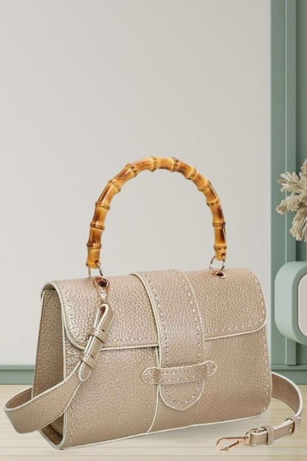 Bamboo Top Handle Leather Handbag