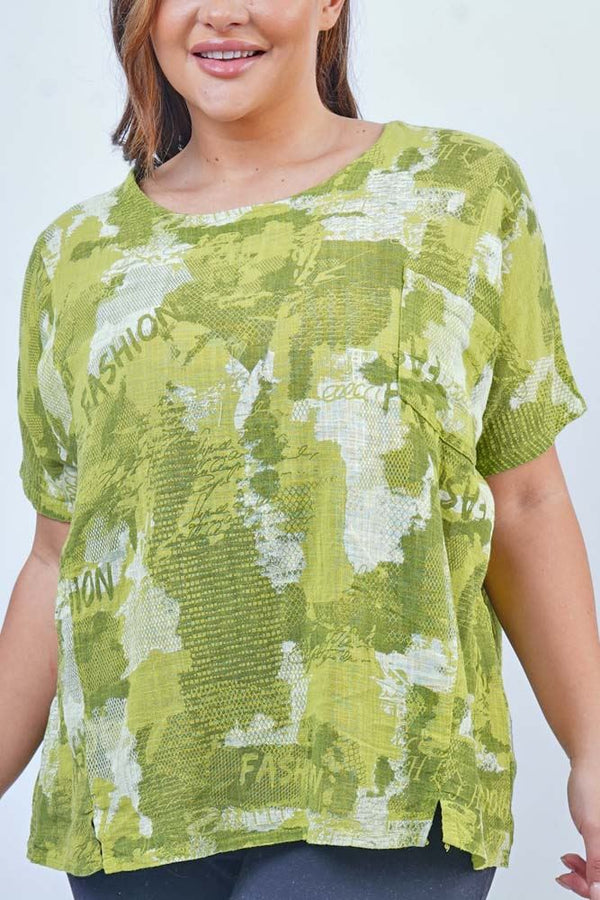 Textured Fashion Print Front Split Cotton Top