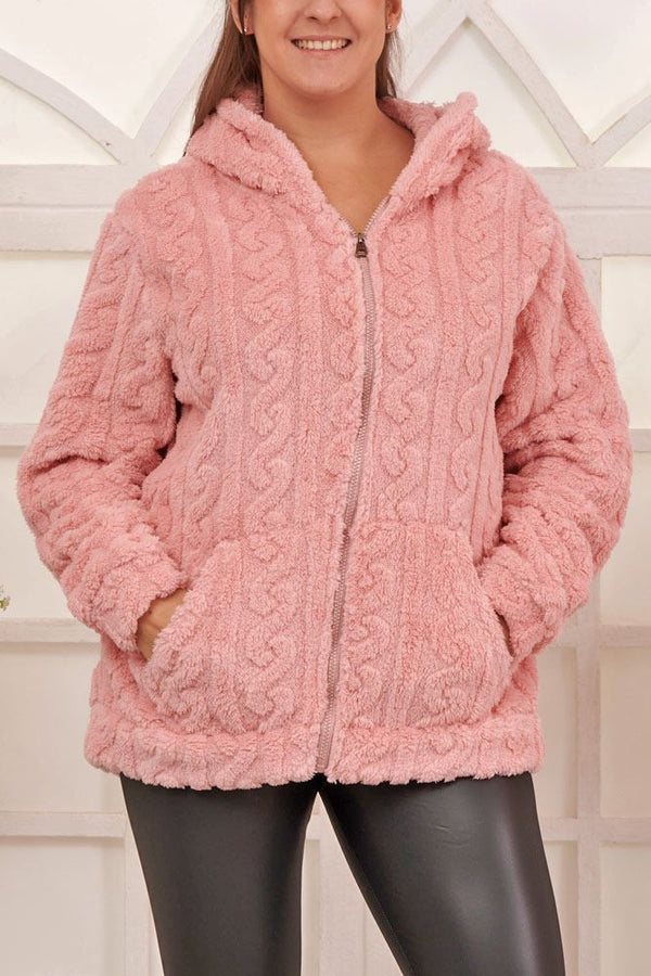 Cable Knit Pattern Faux Fur Zip Hoody