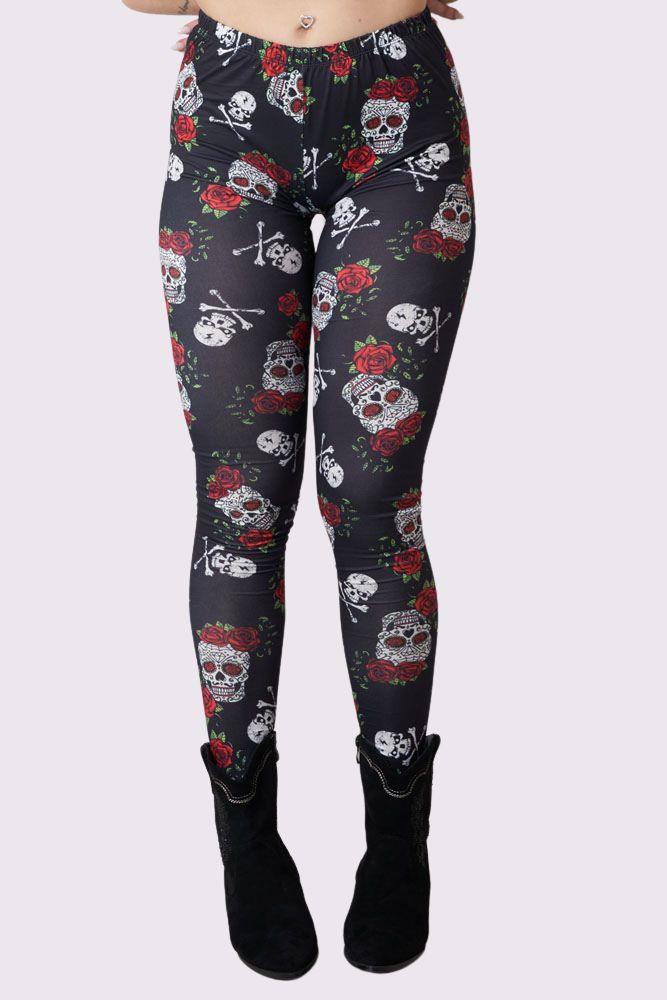 Rose Skull And Bones Print Halloween Leggings