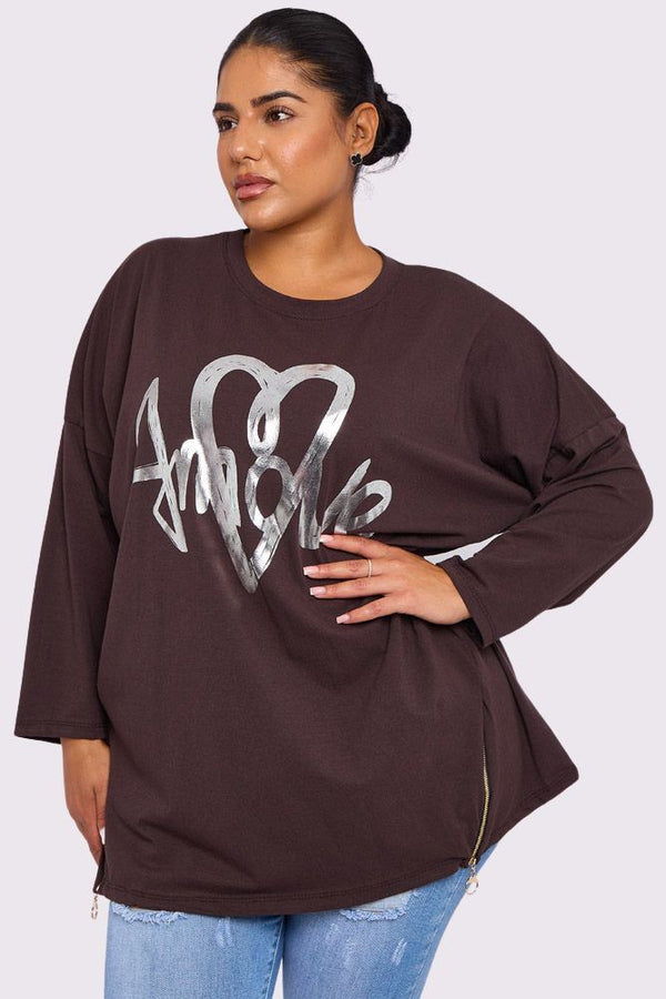 Foil Print Heart Side Zip Jumper