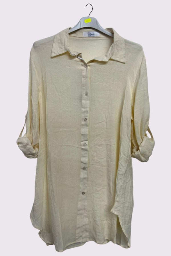 Plain Button Up Sleeve Curved Hem Shirt