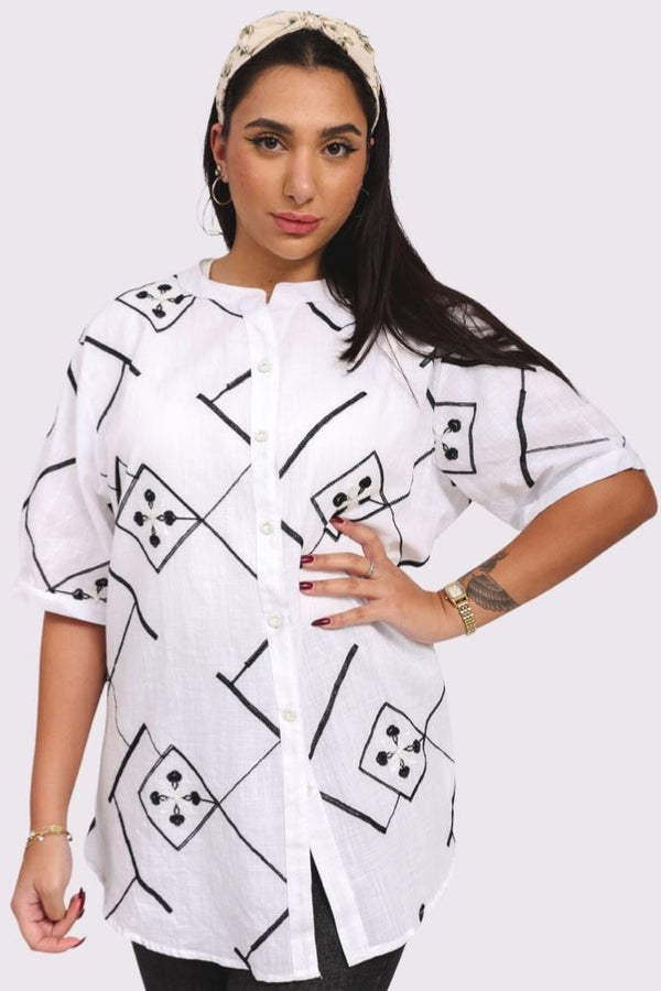 Abstract Geometric Print Button Up Cotton Shirt