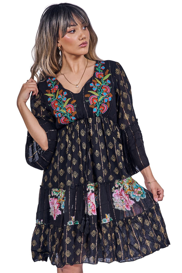 Floral Abstract Print Embroidered Detailing Dress