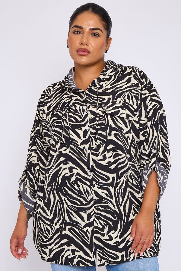 Zebra Print Pockets Drawstring Hoodie Shirt