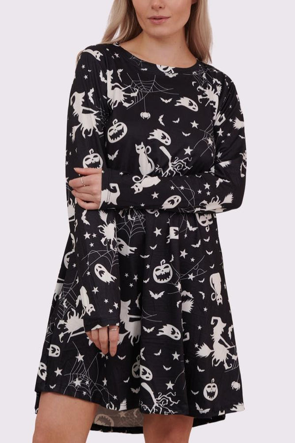 Cat Ghost Pumpkin Print Halloween Dress