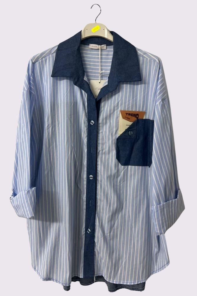 Stripe Print Denim Pocket Collar Cotton Shirt