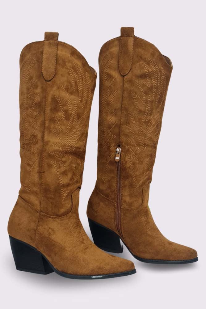 Embroidered Side Zip Knee High Cowboy Boot