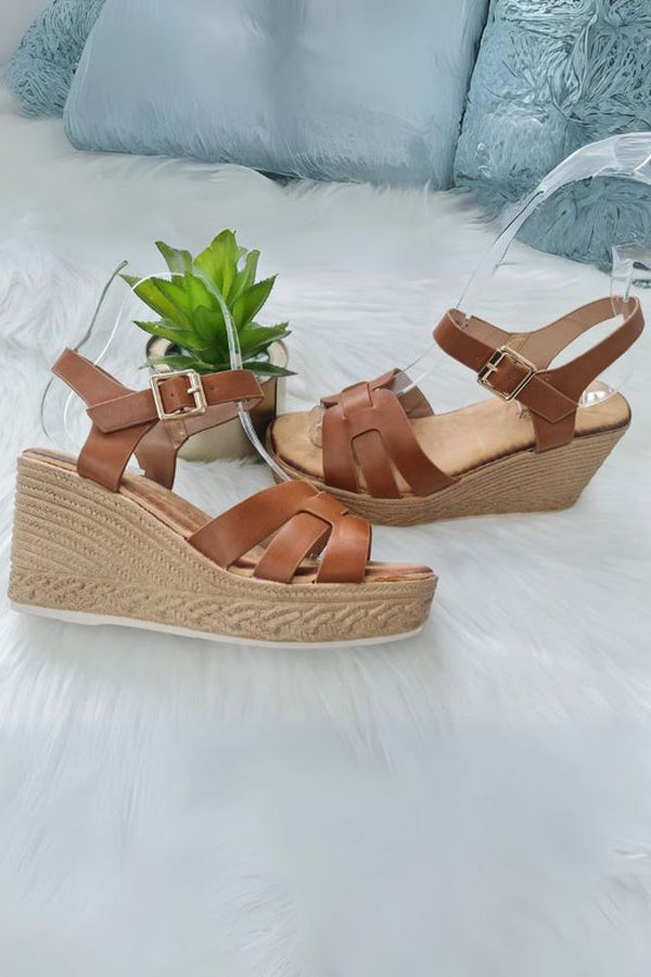 Thread Fastening Wedge Heel Ankle Buckle Strap Sandal