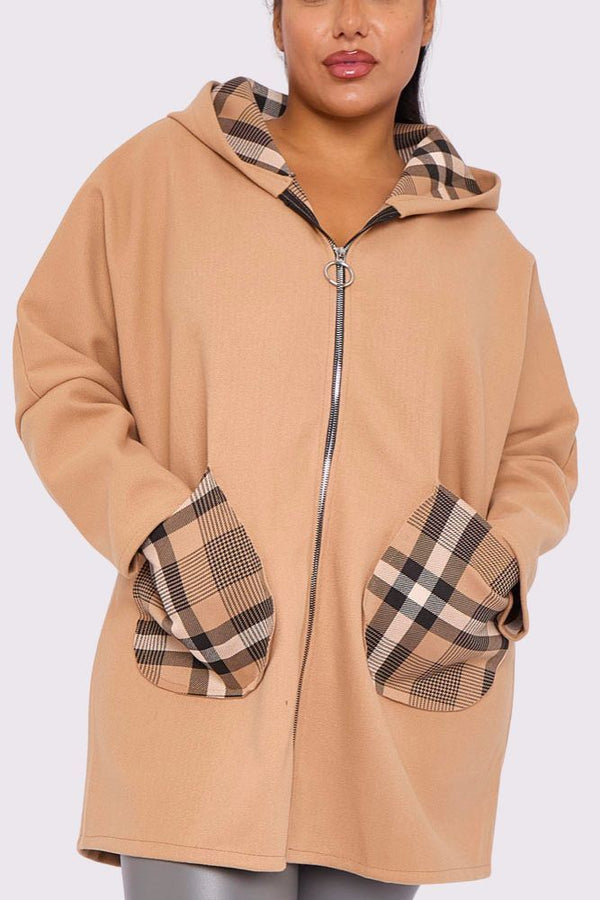 Plaid Pattern Zip Up Pockets Hooded Jacket