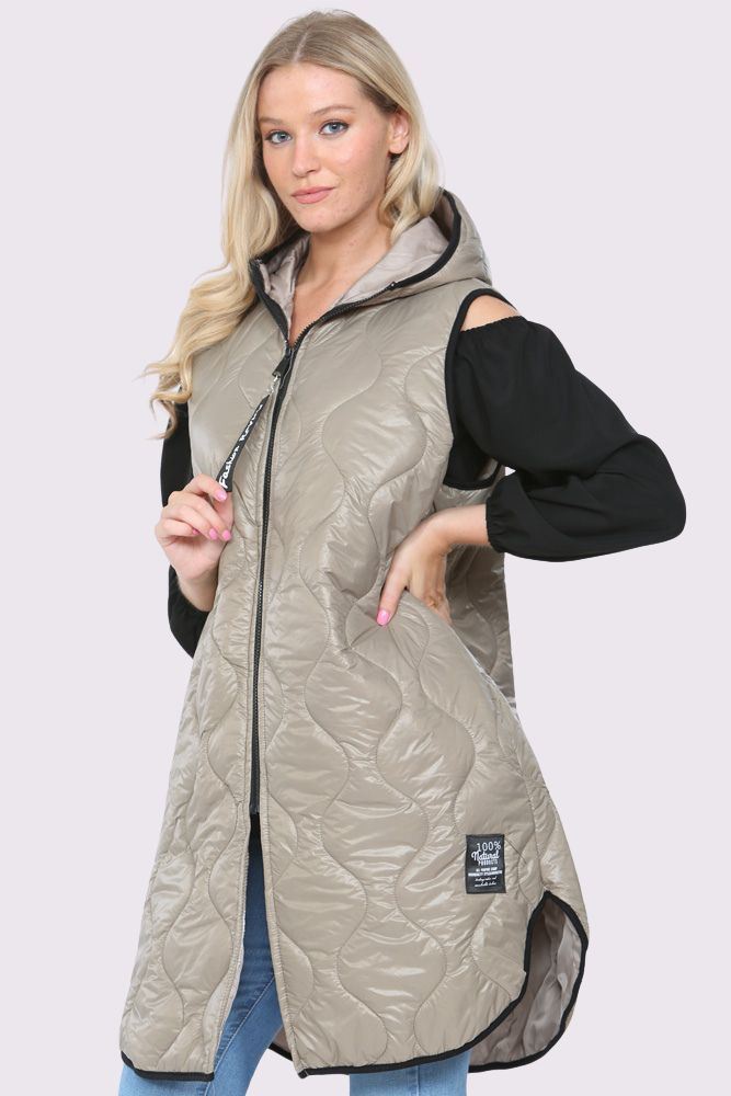 Plain Quilted Long Logo Zip Hood Gilet Jacket