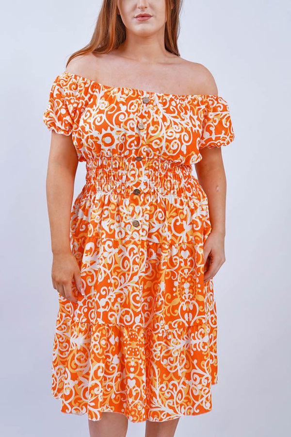 Baroque Heart Print Tiered Button Detail Dress