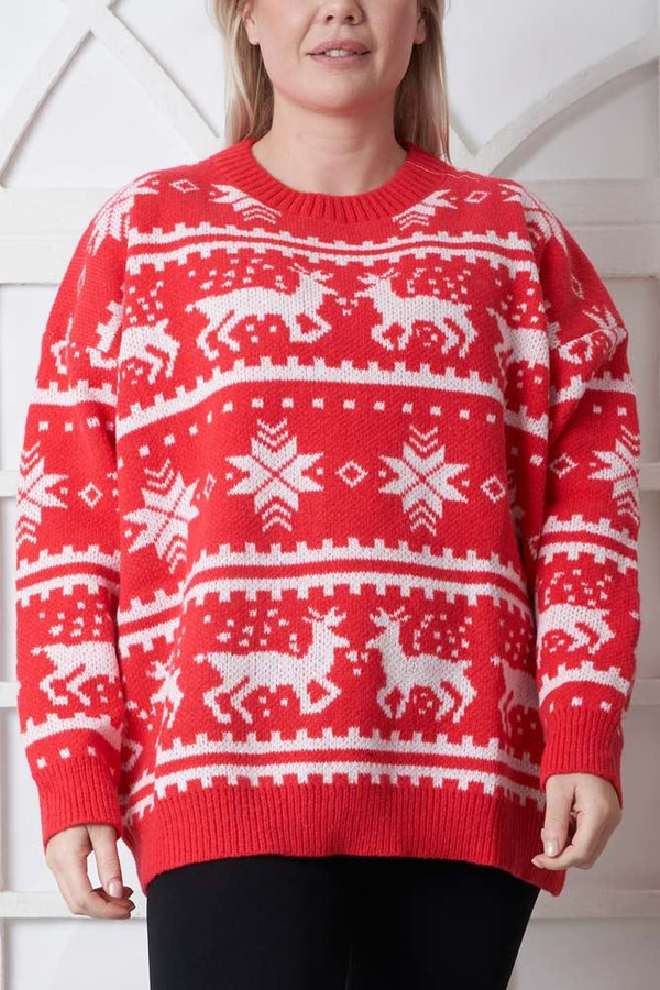 Snowflake Reindeer Pattern Xmas Ribbed Jumper