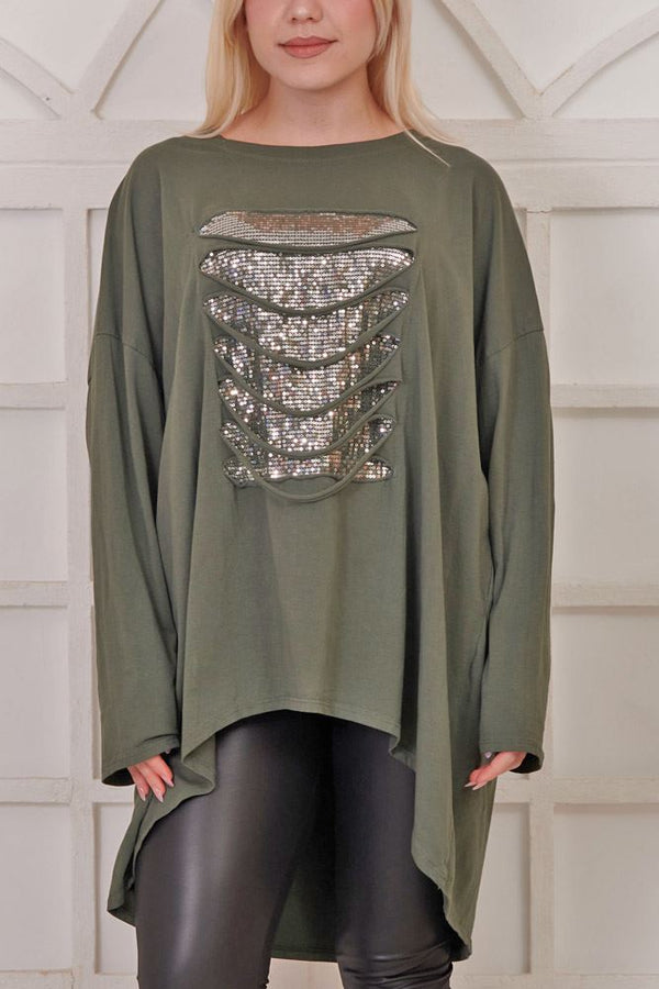 Sequin Patch Dipped Hem Cotton Top