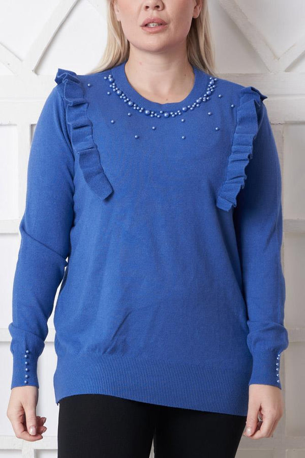 Plain Pearls Beaded Ruffle Knit Viscose Top