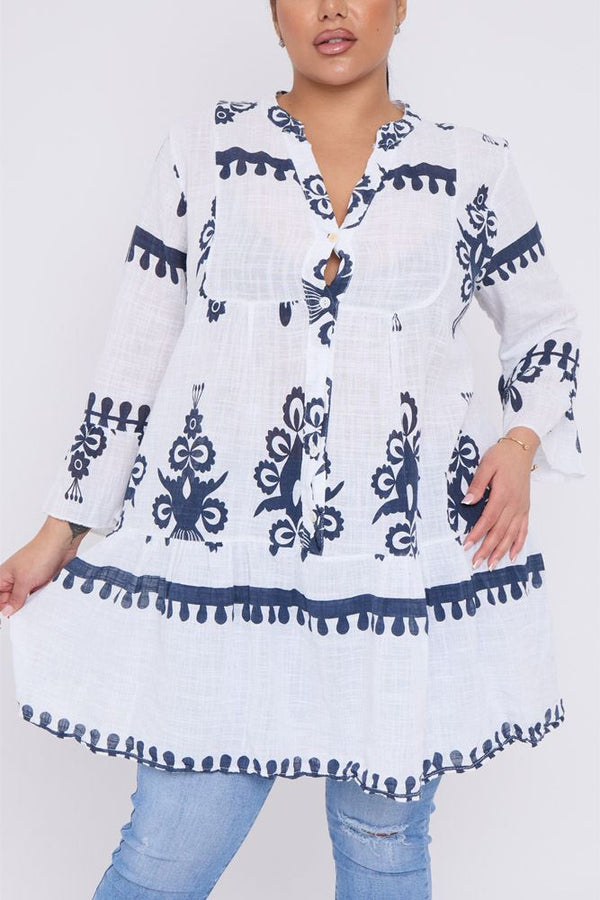 Abstract Print Button Tiered Cotton Dress