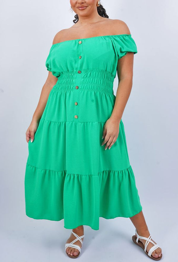 Plain Shirred Waist Tiered Dress